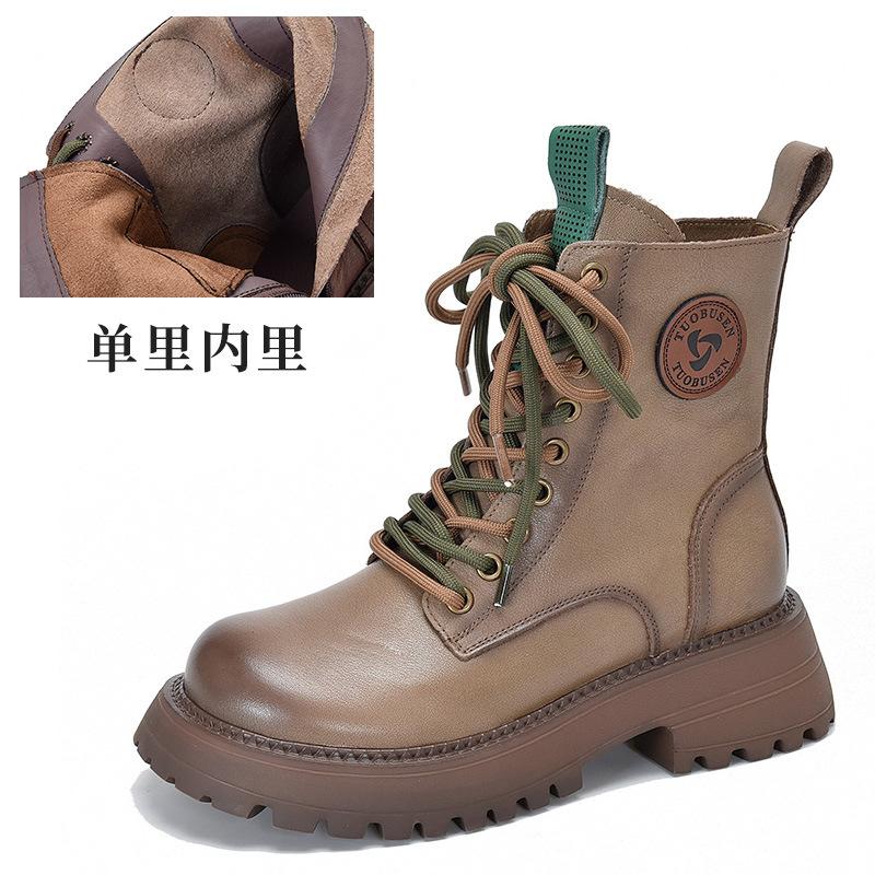 First-layer cowhide British wind locomotive boots round head thick-soled versatile short boots women's autumn and winter high-top Martin boots women's