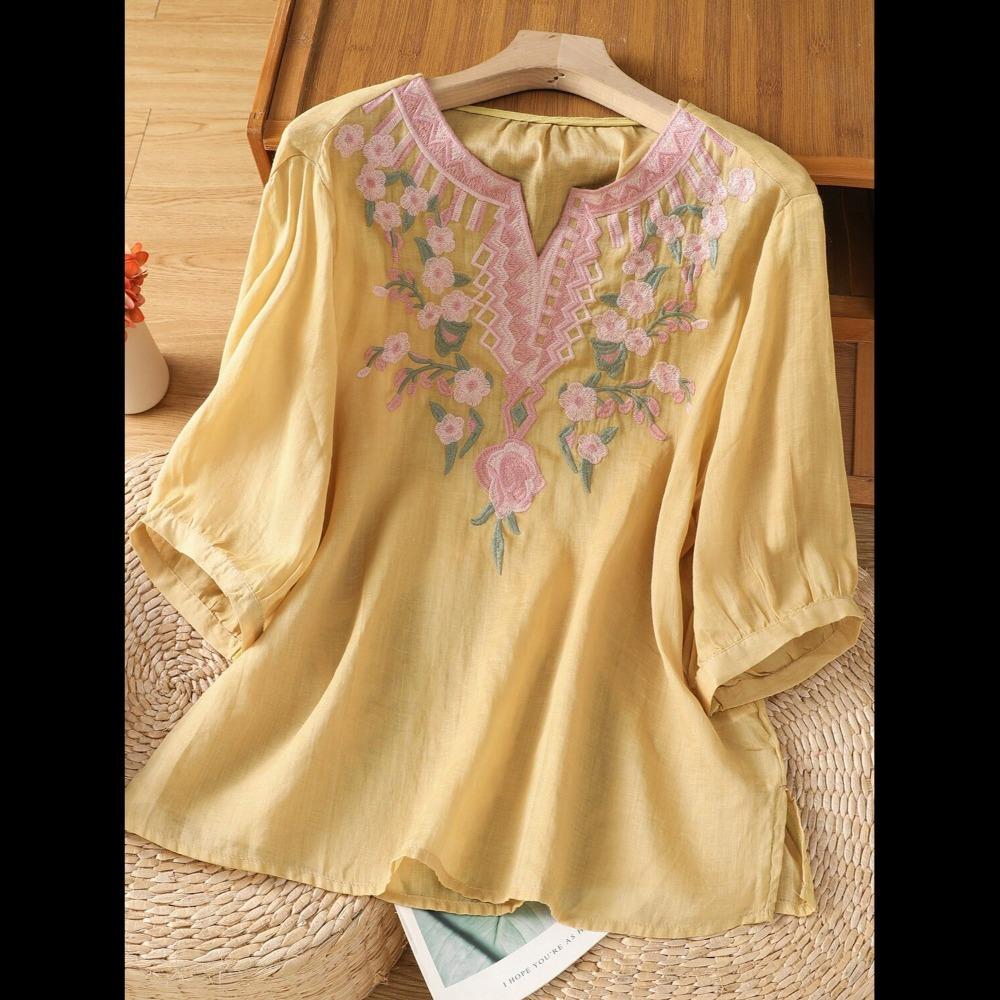 Women's V Neck Three Quarter Sleeve Loose Fit Cotton Linen Blouse Vintage Embroidered Pullover Top