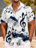 Ink Music Note All-Over Print Short Sleeve Shirt, Artistic Music Style Cuban Collar Shirt, Blue and White Contrast Top, Suitable for Music Festivals /