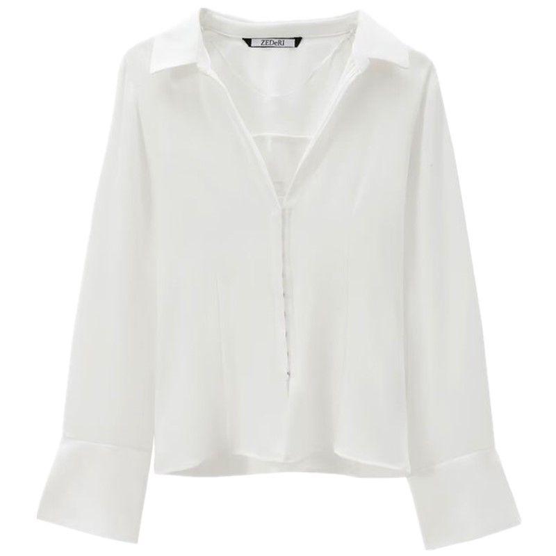 

Fashion Style 2024 Fall and Winter New Female Invisible Snap Button Silm White Lapel Long Sleeve Shirt 8862319 White L