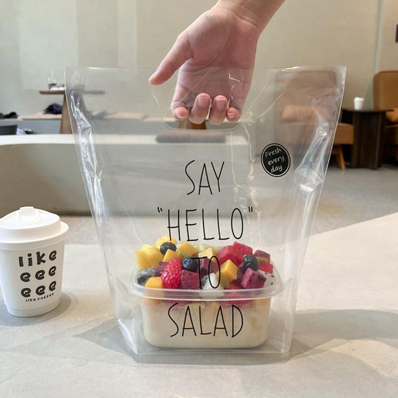 50pcs Transparent Clear Thicken Plastic Portable Stand Salad Dessert Bread Cake Food Packaging Takeaway Hand Bags