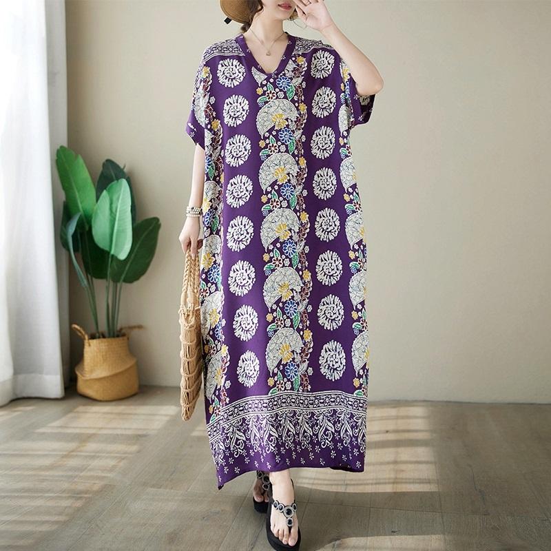 Short Sleeve Plus Size Cotton Satin Vintage Floral New In Dresses for Women Casual Loose Long Summer Dress