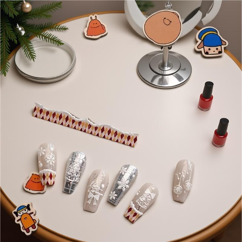 Cute Christmas Style White Christmas Tree Snowflake Nail Art Stickers Red Bow Nail Art Print Embossed Sticker Festive Nail Decor