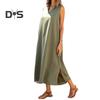 Women's Cotton Linen Maxi Dress Casual V-Neck Sleeveless Loose Tank Dress Summer Beach Long Split Sundress