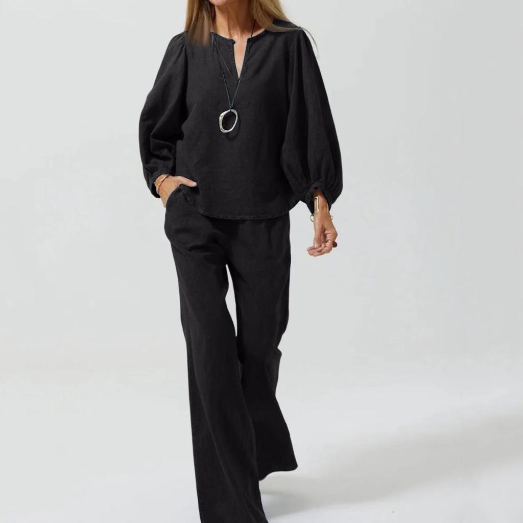 Women's Casual Long Sleeve Cotton Linen V-neck Straight Pants Two-piece Set
