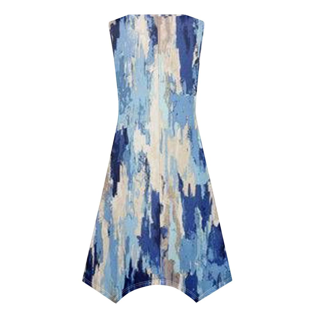 Damen Casual Fashion Rundhals ärmelloses Print unregelmäßigen Saum Midikleid