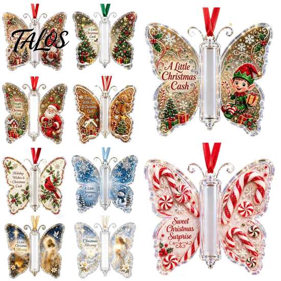 Santa Claus Ornament Christmas Cash Gift Ornament, Acrylic Butterfly Money Holder with Built‑in Unique Gifts Clear Compartment, Holiday Hanging for