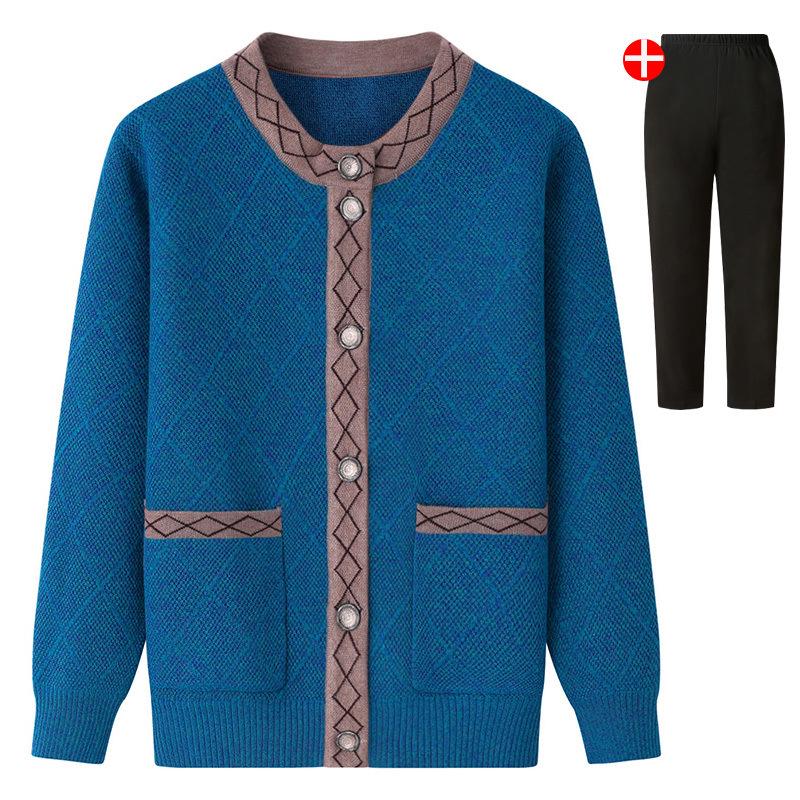 Women's Fleece-Lined Knitted Cardigan for Autumn/Winter - Ideal for Middle-Aged and Elderly.