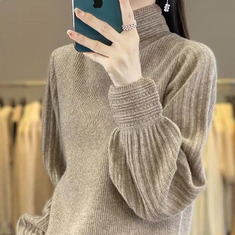 Women's Slimming High Neck Wool Sweater with Puff Sleeves - Autumn/Winter Versatile Solid Color Fashion