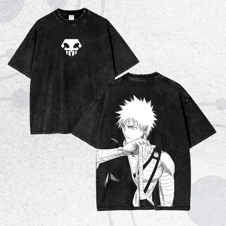 Manga BLEACH Nnoitra Gilga Printed Tee Men Short Sleeve Clothing Washed Cotton T-shirt Vintage Casual T Shirt Harajuku Tshirt