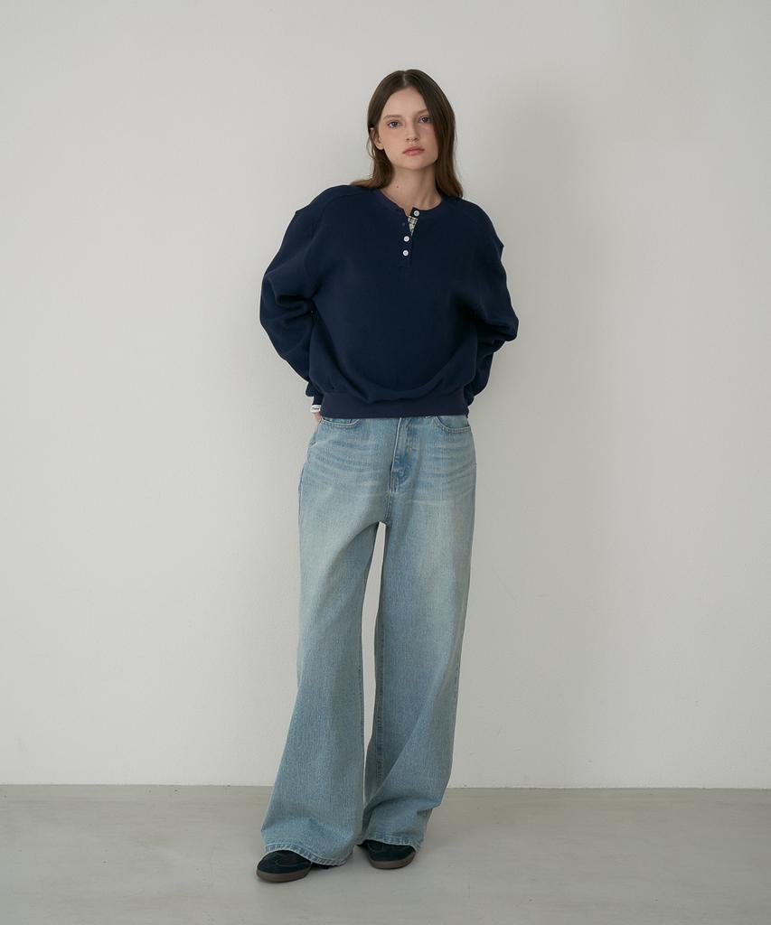 DEHEVE Check Henley-Neck Sweatshirt [Navy]