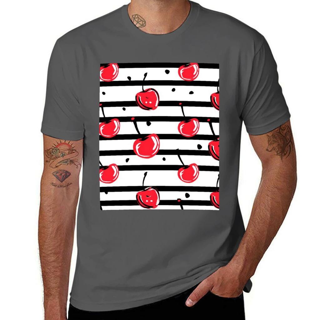 Red Cherries Pattern Tshirt Urban Style Casual Short Sleeve Top