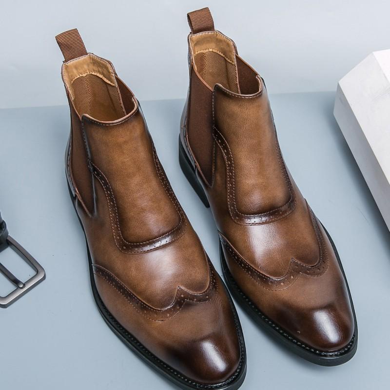 Mens Winter Warm Lined Chelsea Boots Stylish Pointed Toe Mid-Calf Leather Ankle Casual Outdoor Wear