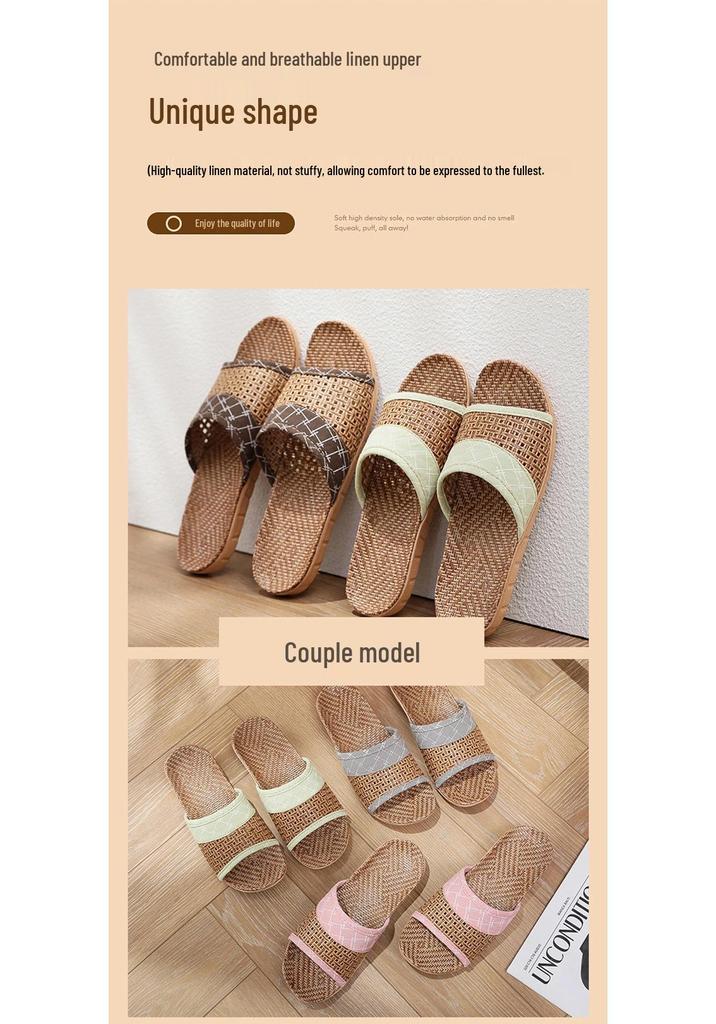 Breathable Rattan Slippers for Couples, All-Season Indoor Wear, Women's Woven Bamboo-Linen, Wooden Floor Friendly.