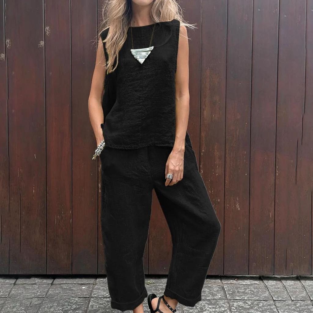 Women's Casual Sleeveless Pullover Cotton Linen Wide Leg Pants Solid Color Suit