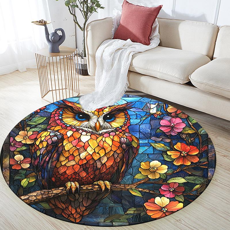 Owls and Flowers Round Area Rug,Carpet Rug for Living Room Bedroom Sofa Playroom Decor,Non-slip Floor Mat