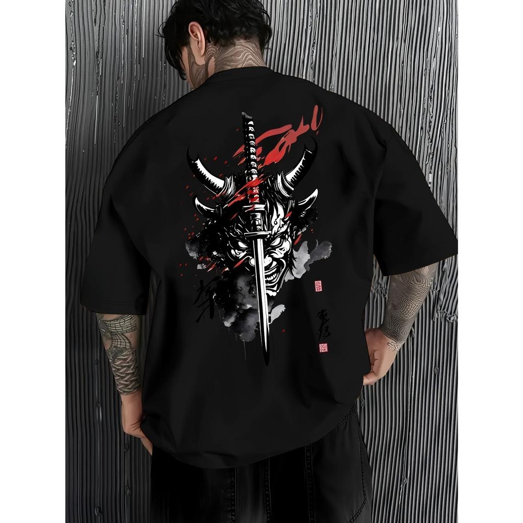With Japanese Samurai Ghost Face Pattern Print Cotton Tshirt Unisexs And Unisexs Summer Comfortable Street Trendy T Shirt Top