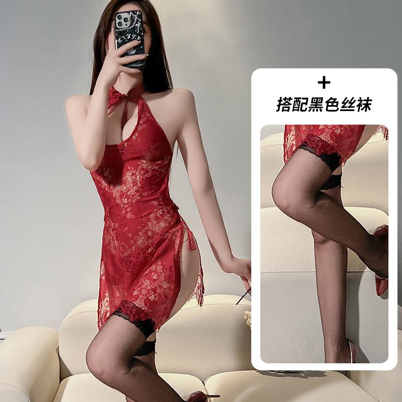 New sexy retro cheongsam sexy cheongsam uniform temptation slit hollowed out hot lace see-through nightdress set