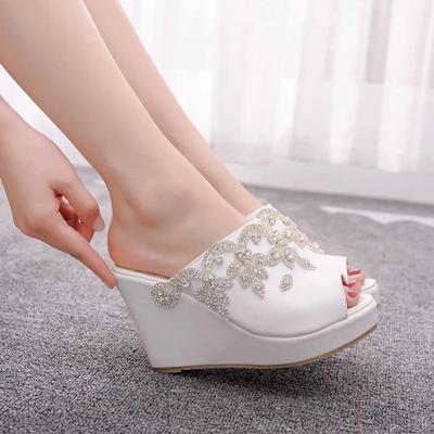 Gümüş Taklidi Peep Toe Platform Takozlar Yüksek Topuklu Terlik Plaj Sandalet Kadınlar Için Düğün Ayakkabı