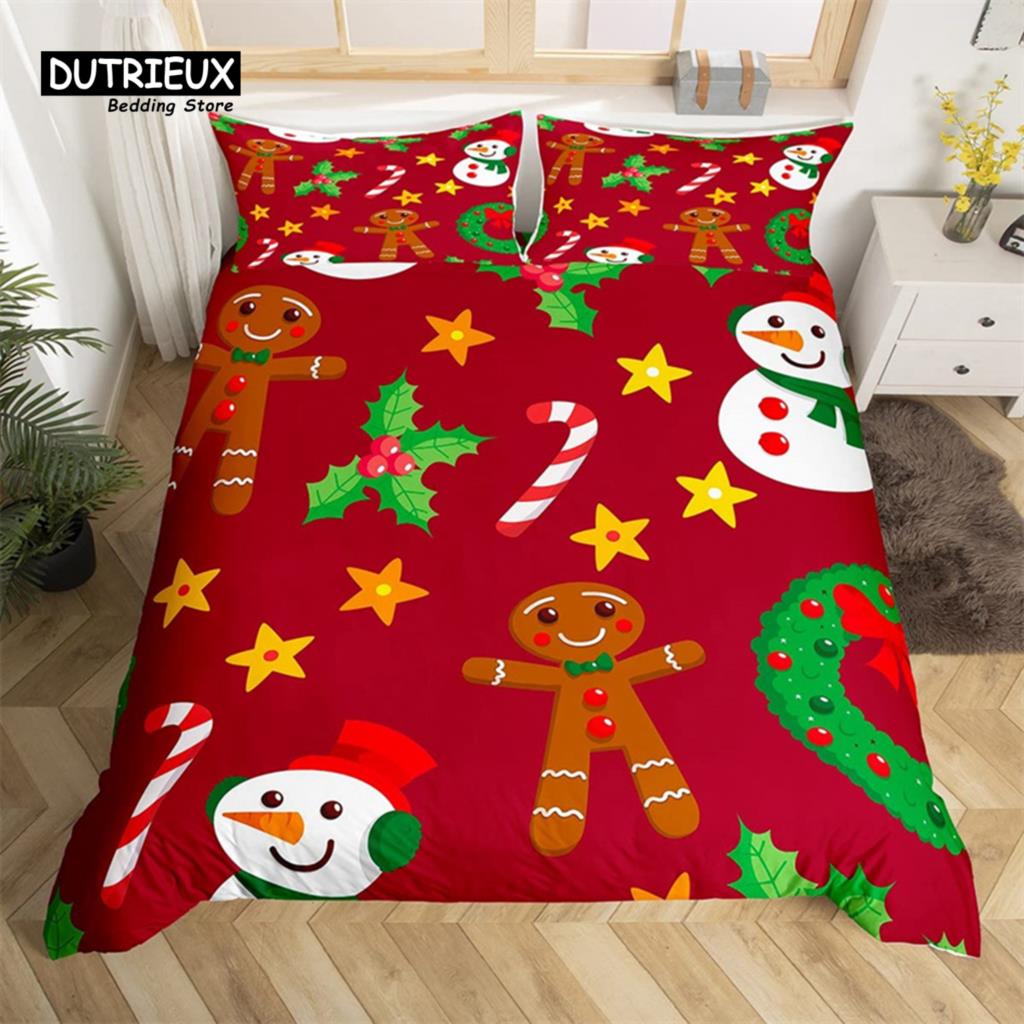 Christmas Duvet Cover Cartoon Snowman Deer Reindeer Bedding Set Twin Size Microfiber Cute Gingerbread Stocking Comforter Cover