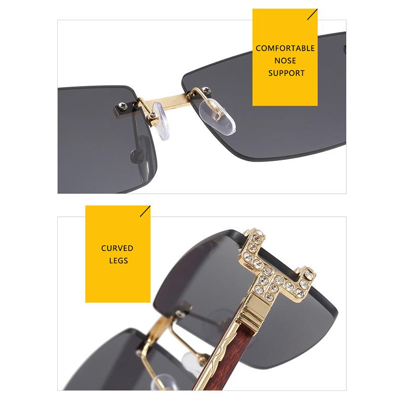Unisex Rectangle Rimless Women Wood Leg Luxury Brand Designer Trendy Retro Frameless Sun Glasses UV400
