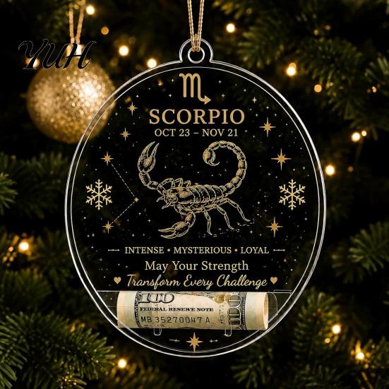Gift Box Accessories Christmas Tree Money Holder Pendant, Transparent Acrylic Round Hanging Ornament, 12 Festive Home Decor Zodiac Signs Theme