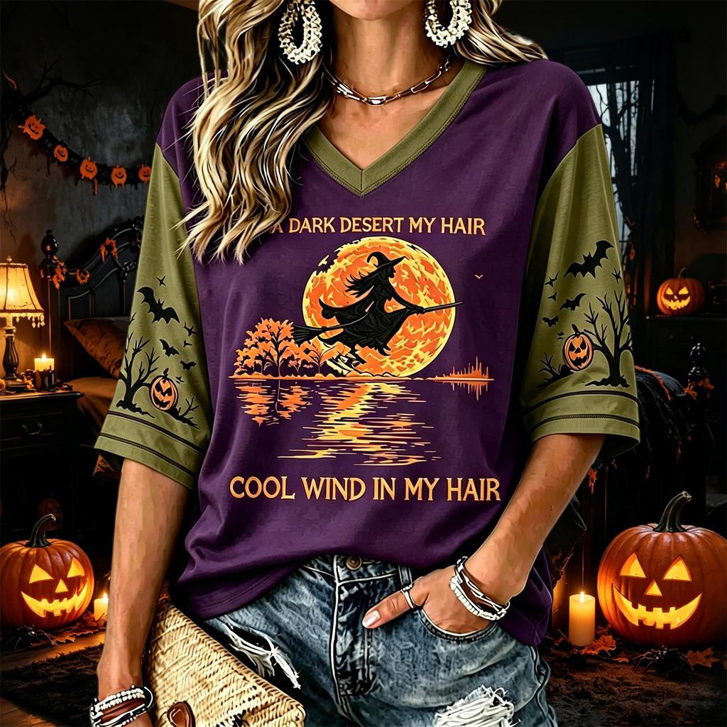 Women's Halloween Print V-Neck T-Shirt Casual Fashion Top