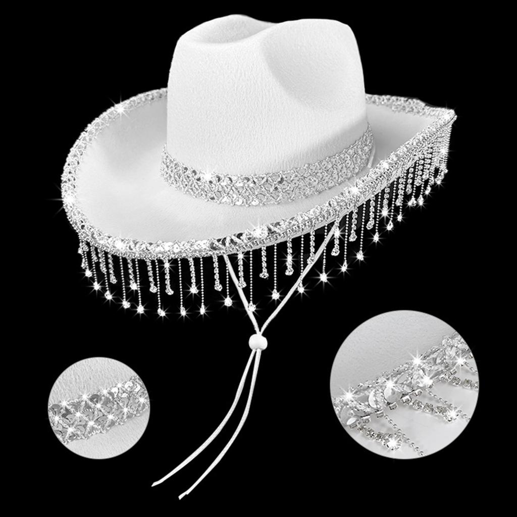 Romantic Wedding Cowboy Hat Rhinestone Accents Flowing Tassels Delicate Lace Trim Adjustable Adult Size