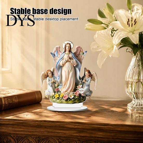 Spiritual Gift for Baptism Virgin And Angel Ornament, 2D Acrylic Religious Ornament with Catholic Statue Base, Table Centerpiece, Christian