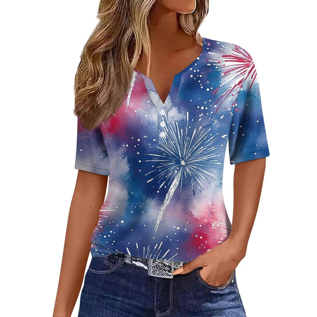 Women's Fashion Casual Independence Day Printed V-Neck Short Sleeve Button Top