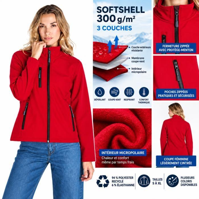 Veste Softshell Femme Rouge 300 g/m² – Coupe-Vent et Résistante à la Pluie - Taille : M - Rouge