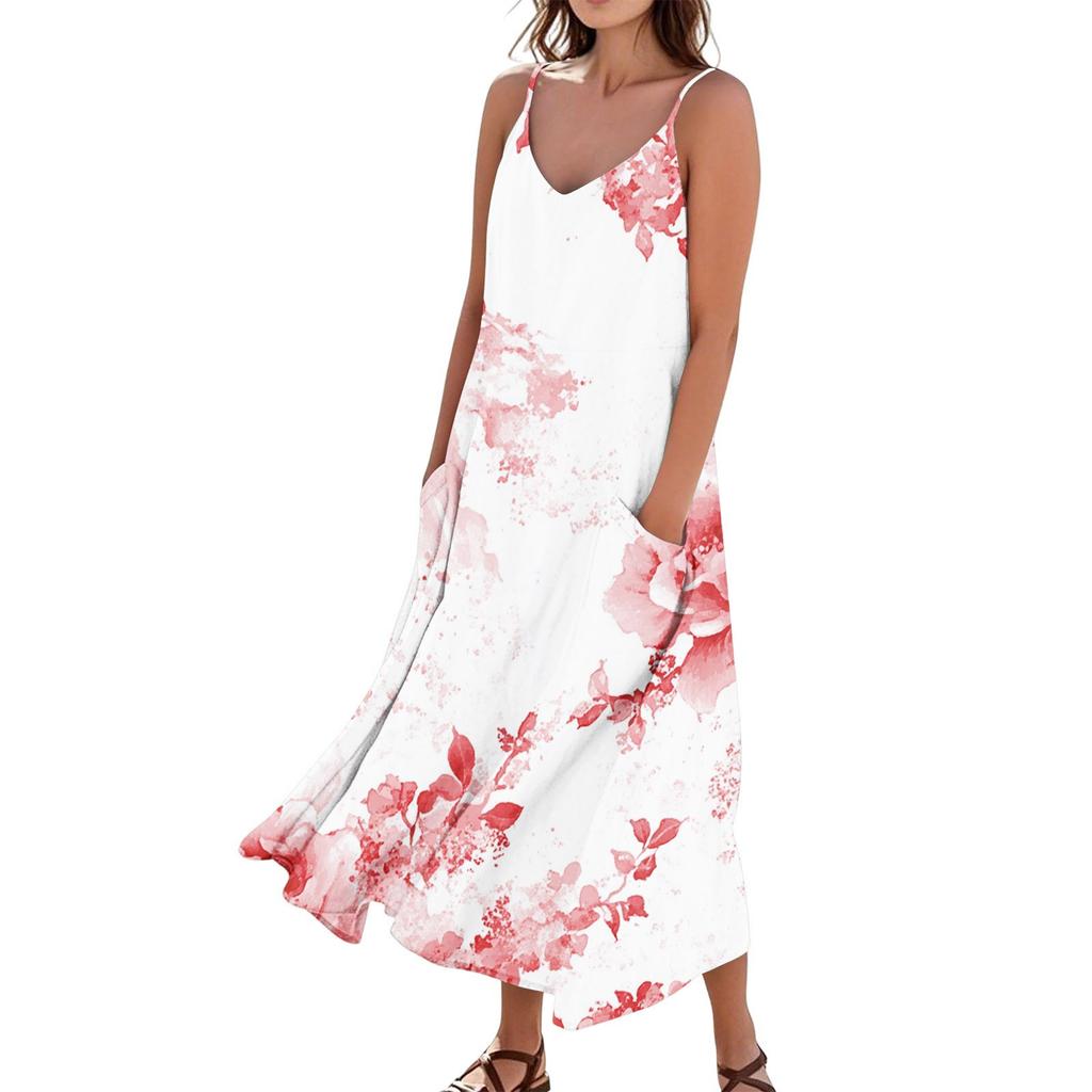 Women's Casual Tie- Floral Print Sleeveless Pocket Dress