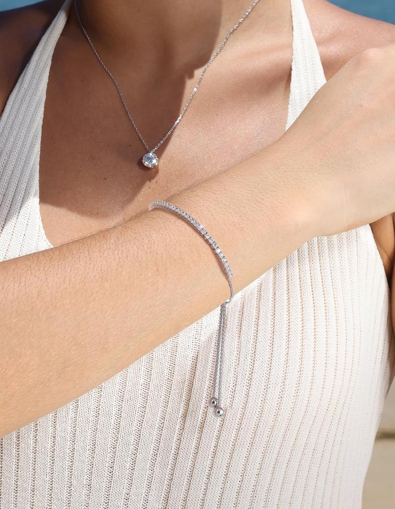 KRKC&CO Adjustable Tennis Bracelet in S925 Sterling Silver with 2mm Cubic Zirconia and Platinum Plated, Perfect for Women, Gift Box Included, Hypoalle