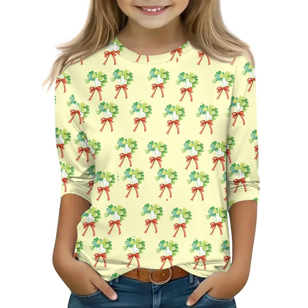 Bedruckte Oberteile für junge Mädchen von 5–16 Jahren, Rundhalsausschnitt, 3/4-Ärmel, T-Shirts, trendige Oberteile, Outfit-T-Shirts