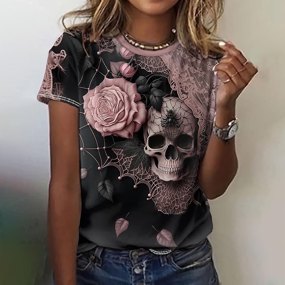 Ladies' Fashion 3D Printed T-shirt Beautiful Skeleton Series Round Neck Women's Top