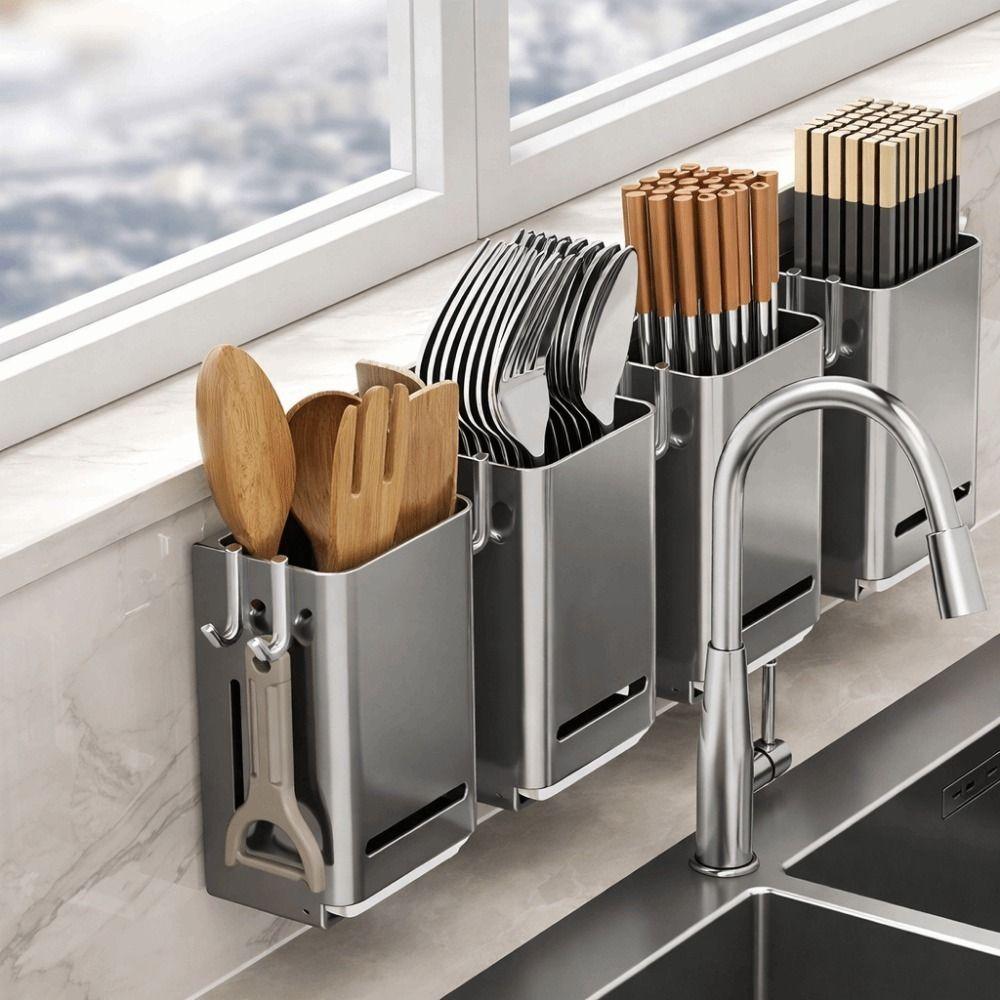 Wall Mounted Chopstick Storage Box Large Capacity Cutlery Holder Cutlery Draining Basket  Bathroom