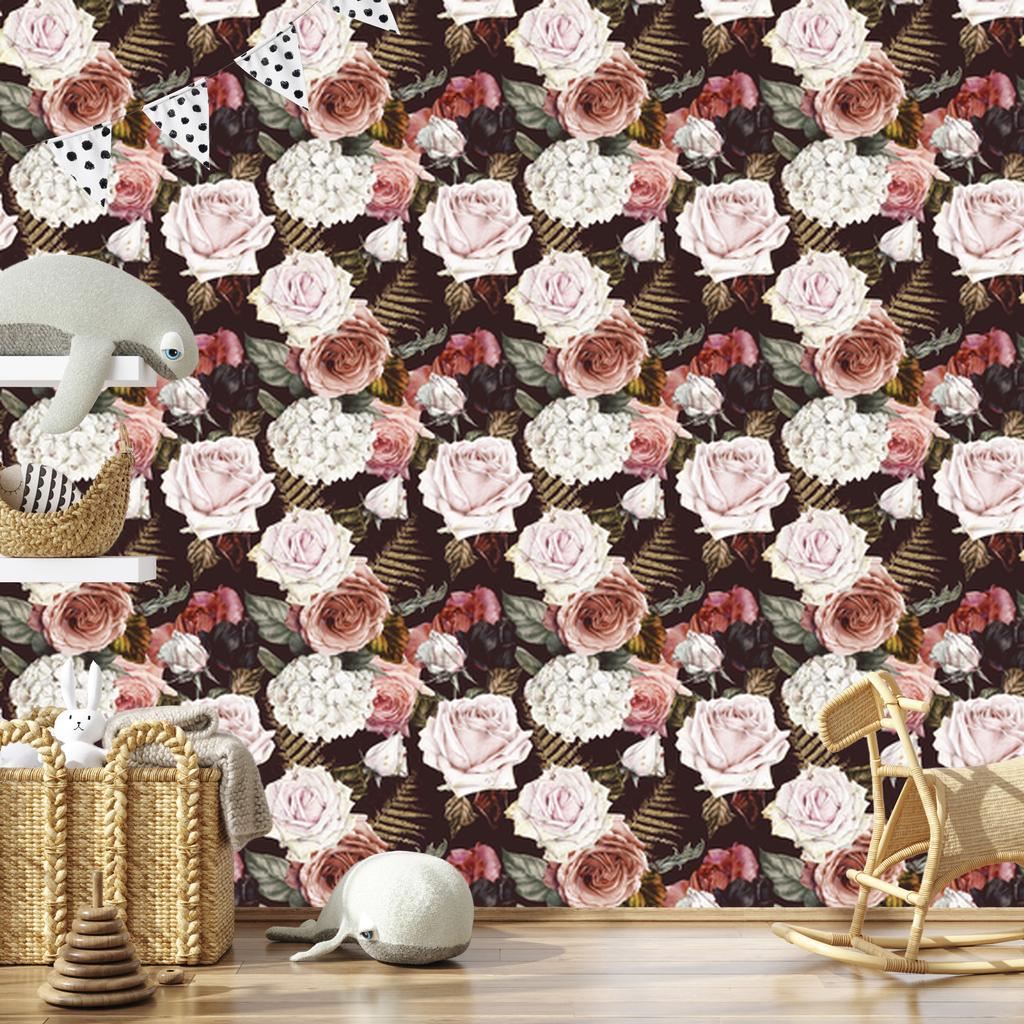 Roses and Fern Leaves Wallpaper for Living Room and Bedroom 50x1000