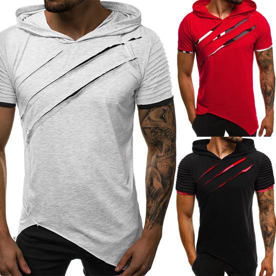 Men Causal Short Sleeve Ripped Irregular Hem Slim Blouse T-shirt Fitness Hoodie