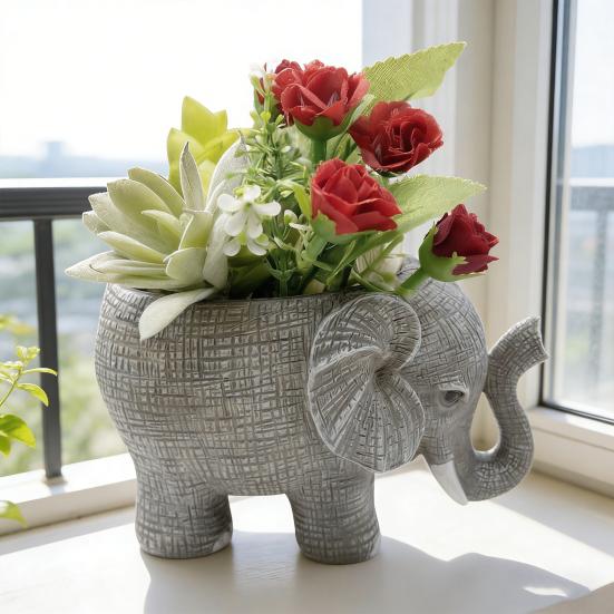 Resin Elephant Shaped Planter Cute Animal Flower Pot for Indoor Plants Small Cactus Pot for Office Home Desktop Decor
