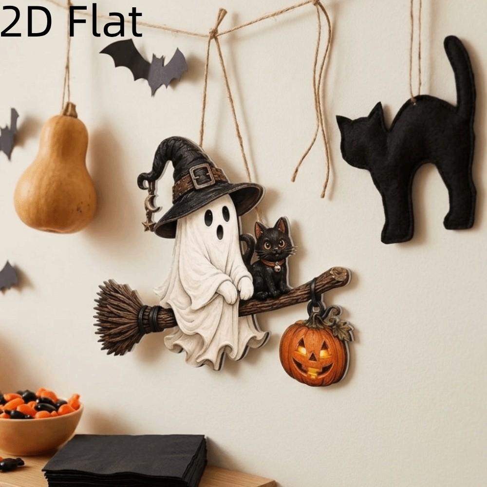 2D Flat Halloween Wooden Ghost Door Hanger Gothic Broom Ghost Hanging Wall Plaque Front Door