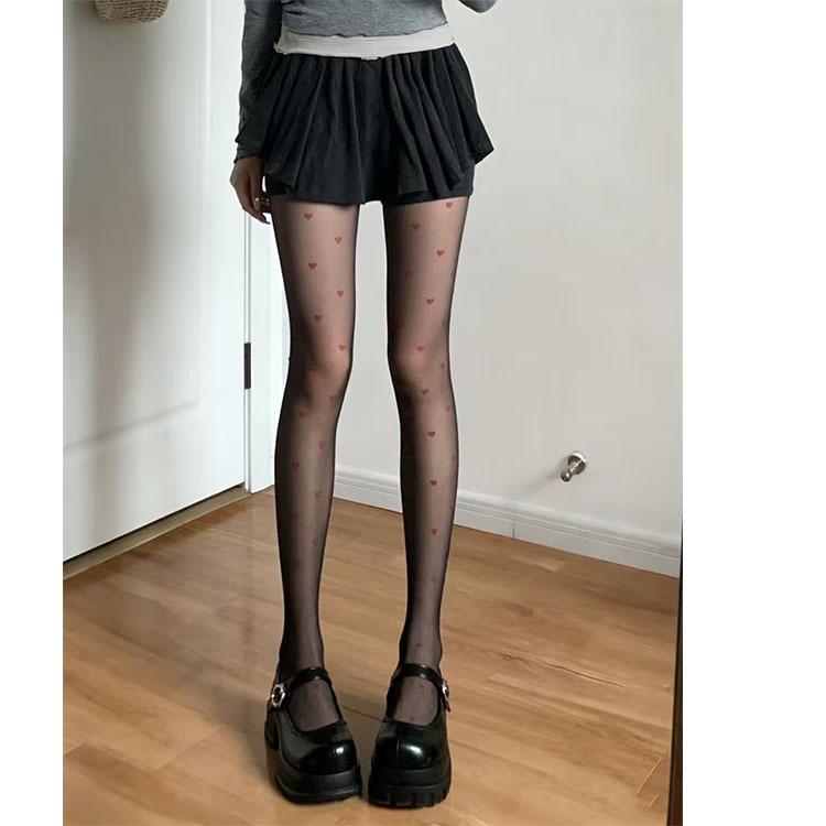 Purely desirable red heart-patterned sheer tights for women, black sexy polka dot pantyhose, sheer tights Average Size