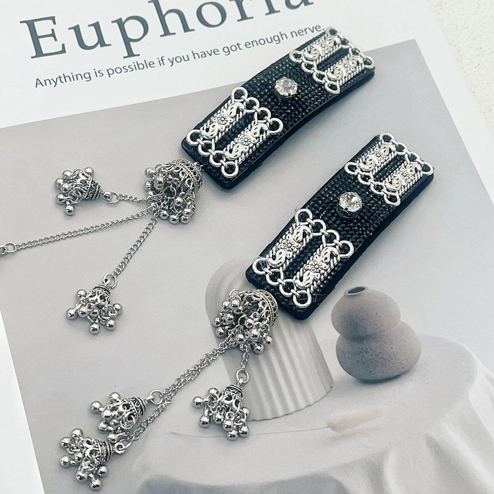Ethnic Hair Clip Geometric Pattern Bell Fringe Hairpin Hair Clips Silver Clolr Long Fringe Hair Clip For Photo Props
