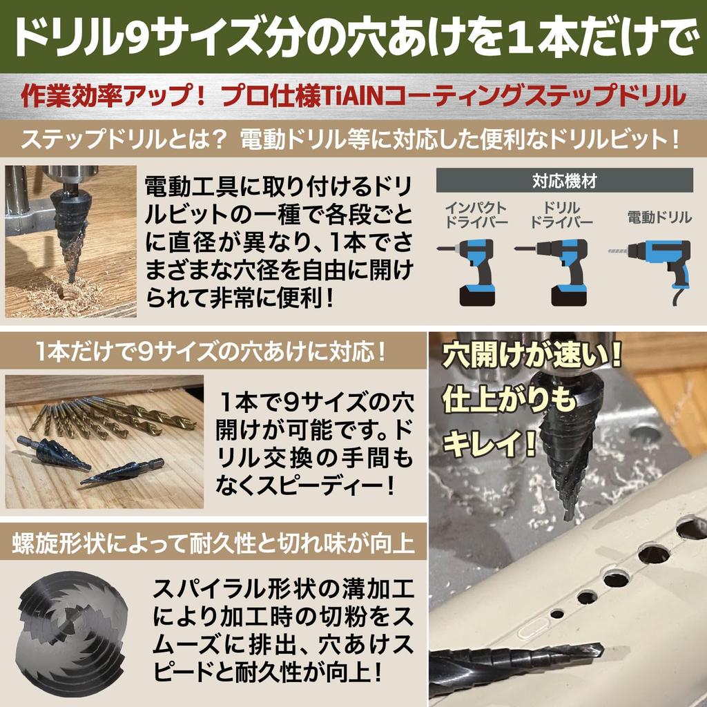 [Nesect] Step Drill Titanium Coating [Japanese Product, 3 Year Warranty] (4-20mm 9 Stages)