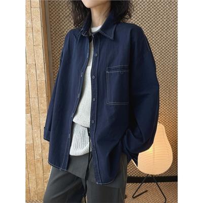 Spring Summer Korean Outlined Stitch Spliced Button Faux Denim Shirt Large Pockets Loose Tops For Women