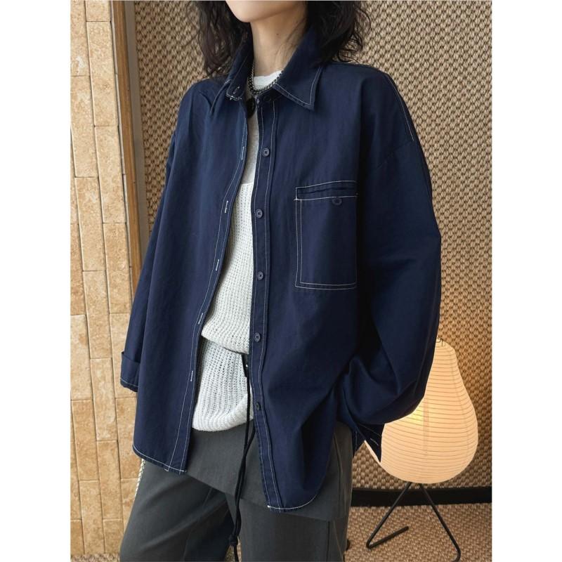 Johnature Spring Summer Korean Outlined Stitch Spliced Button Faux Denim Shirt Large Pockets Loose Tops For Women