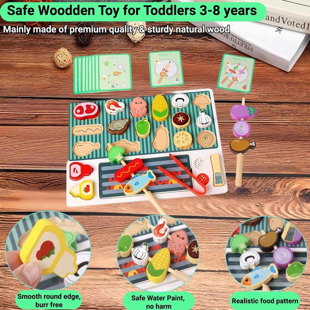 Holz-Grillspielzeug-Set Küchen-Rollenspielspielzeug Lebensmittel-Zuordnungsspiel Kinderspielzeug Rollenspiel Feinmotorikspielzeug Für Jungen Mädchen
