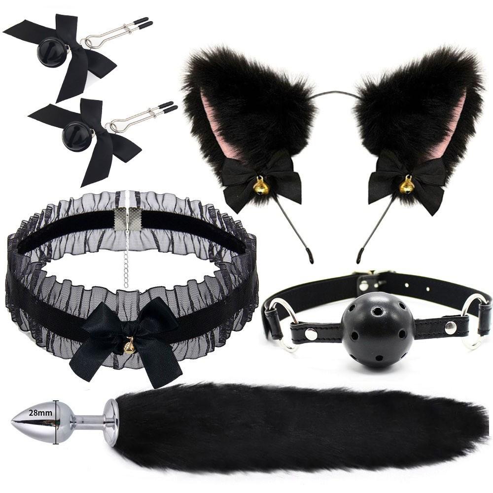 Sexy Mask Ears Barrettes Sex Product Female Supplies SM Metal Sexy Suit Fox Tail Four-Piece Set