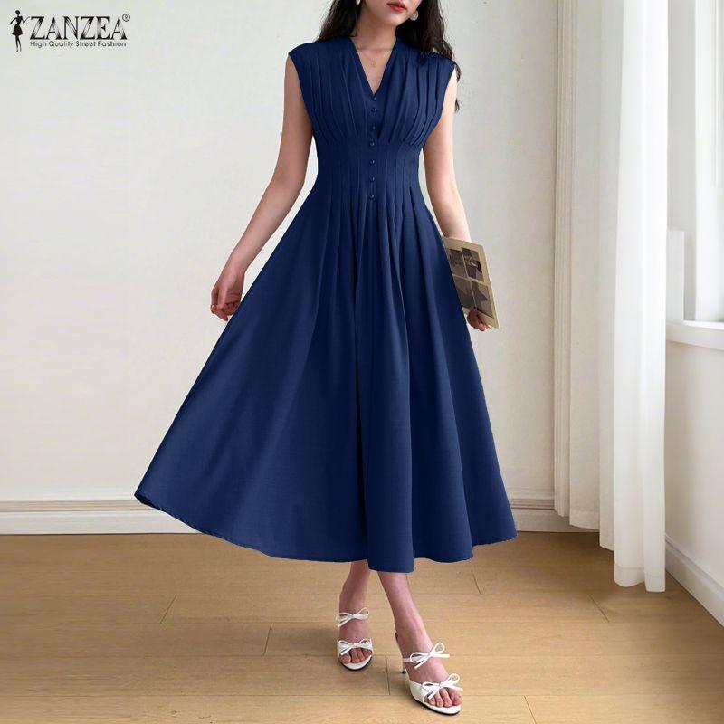 ZANZEA Rochie Casual de Vară cu Gât în V, Fără Mâneci pentru Femei