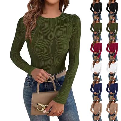 Women's Fashion And Winter Ribbed Solid Color V-neck Slim Long-sleeved T-shirt Tops