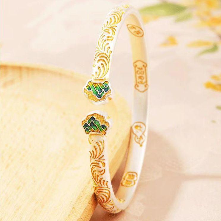 Ruyi Qianli Jiangshan Tang grass pattern auspicious bracelet women's retro new Chinese enamel color gold bracelet mother gift